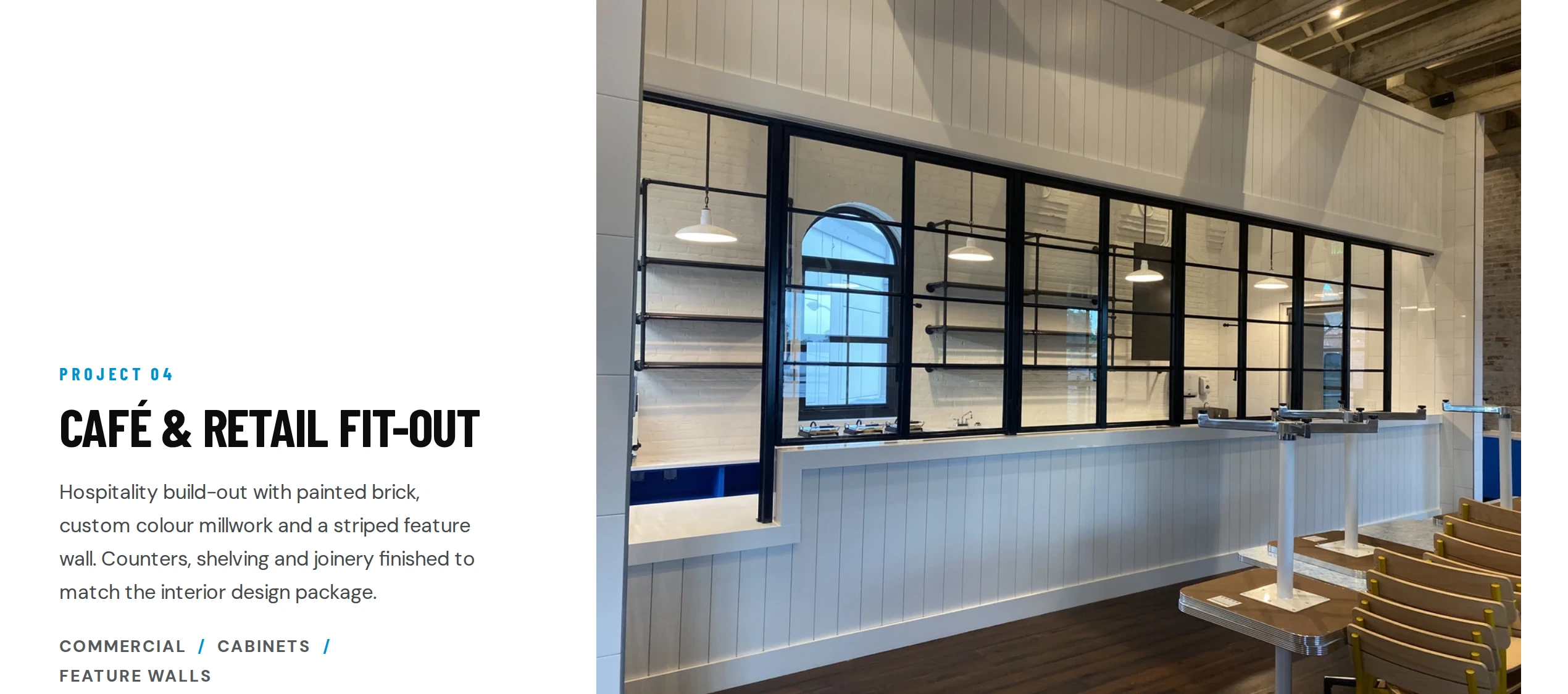 A project page combines the description of the work with a photograph of the commercial space.